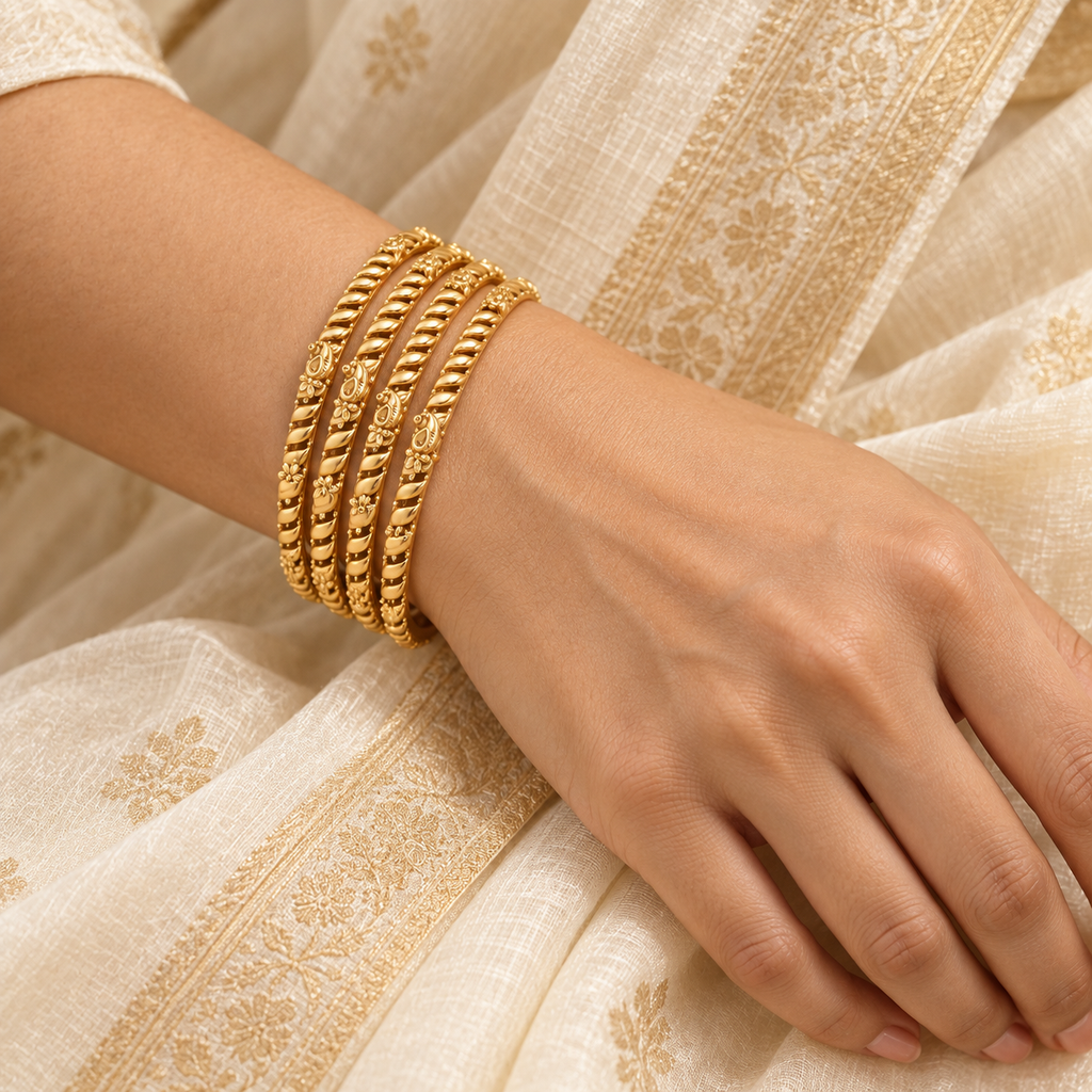 Gold Plated Plain Intricate Bangle Set (Set of 4)