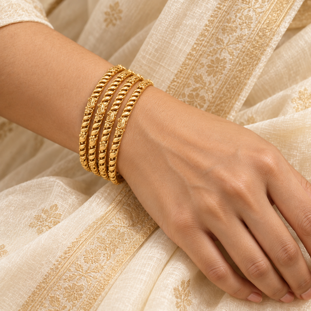 Gold Plated Plain Intricate Bangle Set (Set of 4)