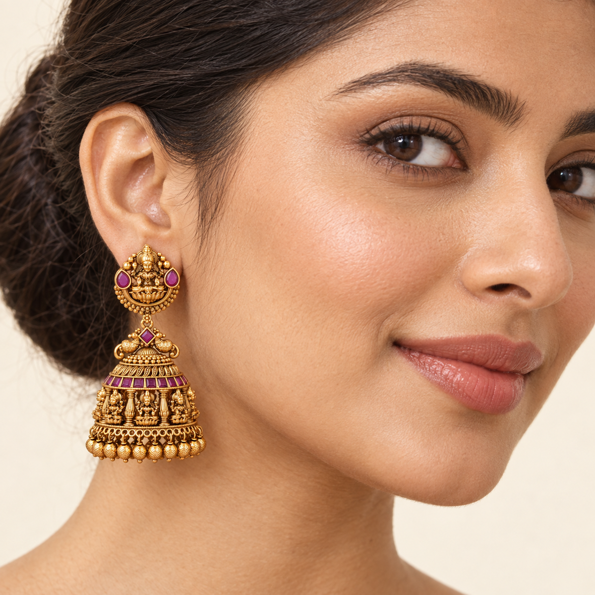 Antique Gold Ma Lakhsmi Ruby Jhumka Earring