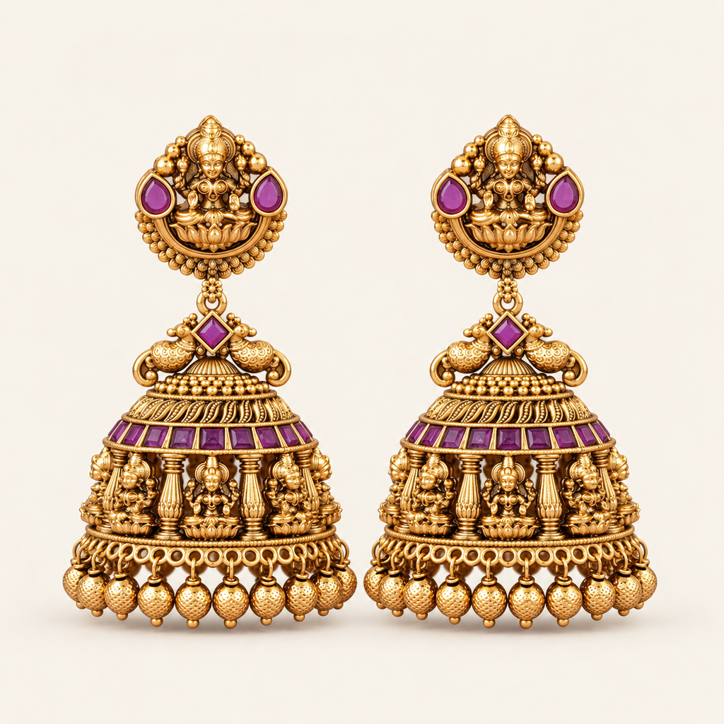 Antique Gold Ma Lakhsmi Ruby Jhumka Earring