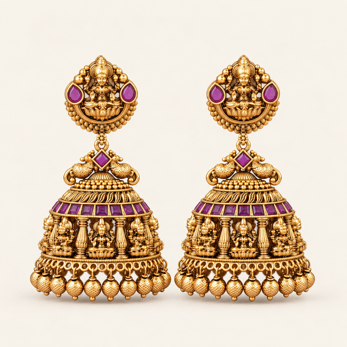 Antique Gold Ma Lakhsmi Ruby Jhumka Earring