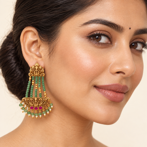 Antique Gold Long Maa Lakshmi Emerald Stone Earring I Temple Jewellery