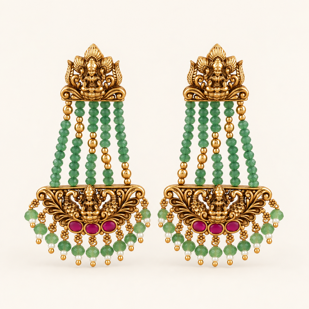 Antique Gold Long Maa Lakshmi Emerald Stone Earring I Temple Jewellery