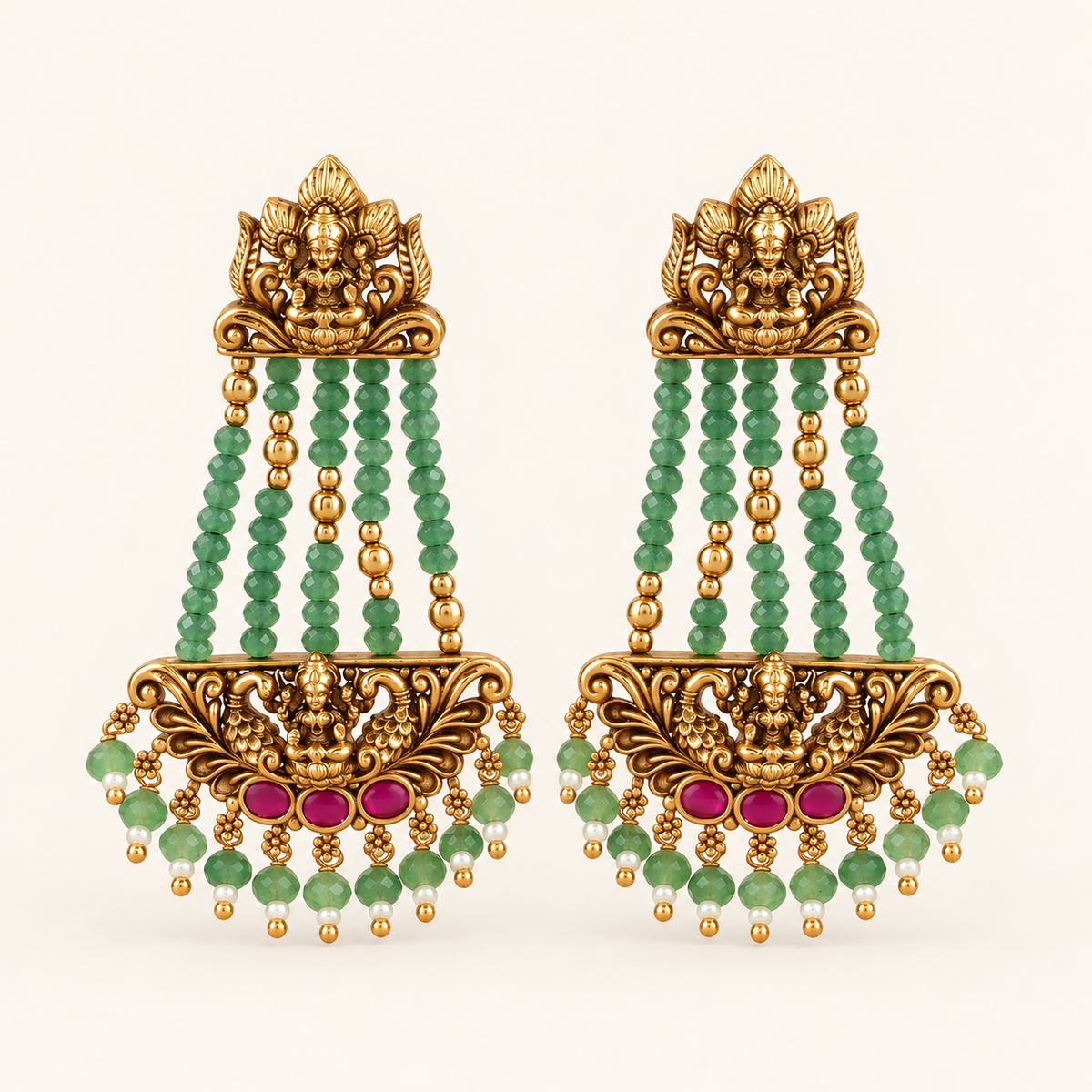 Antique Gold Long Maa Lakshmi Emerald Stone Earring I Temple Jewellery