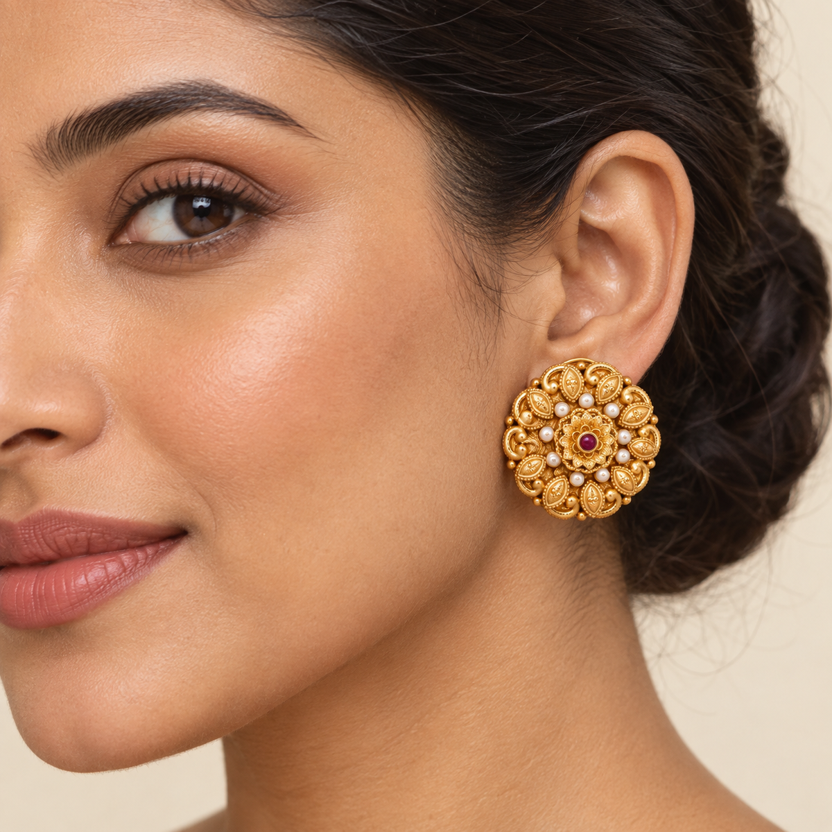 Antique Gold Big Floral Pearl Stud