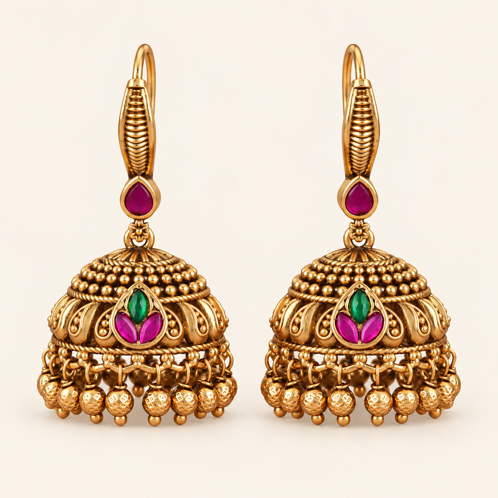 Antique Gold Stone Jhumka Earring