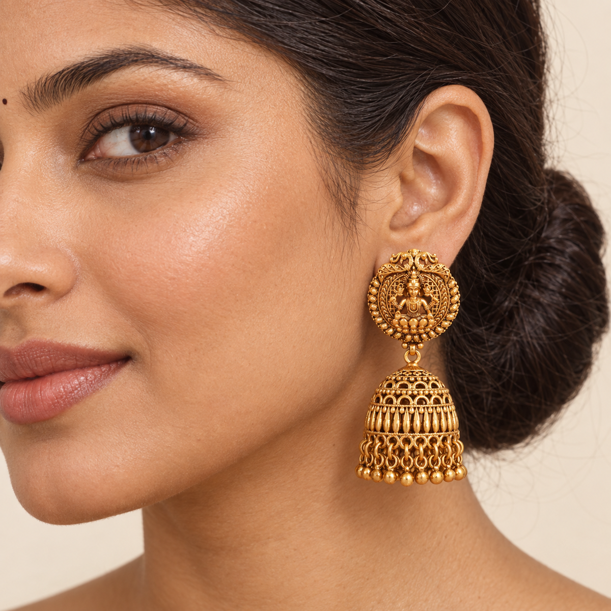 Antique Gold Long Ma Lakshmi Jhumka Earring