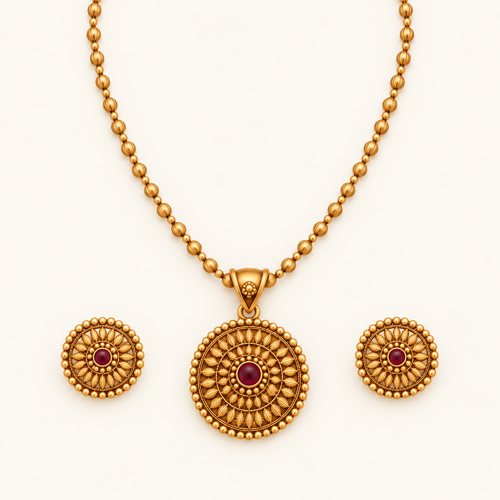 Cute gold finish floral ruby stone pendant set