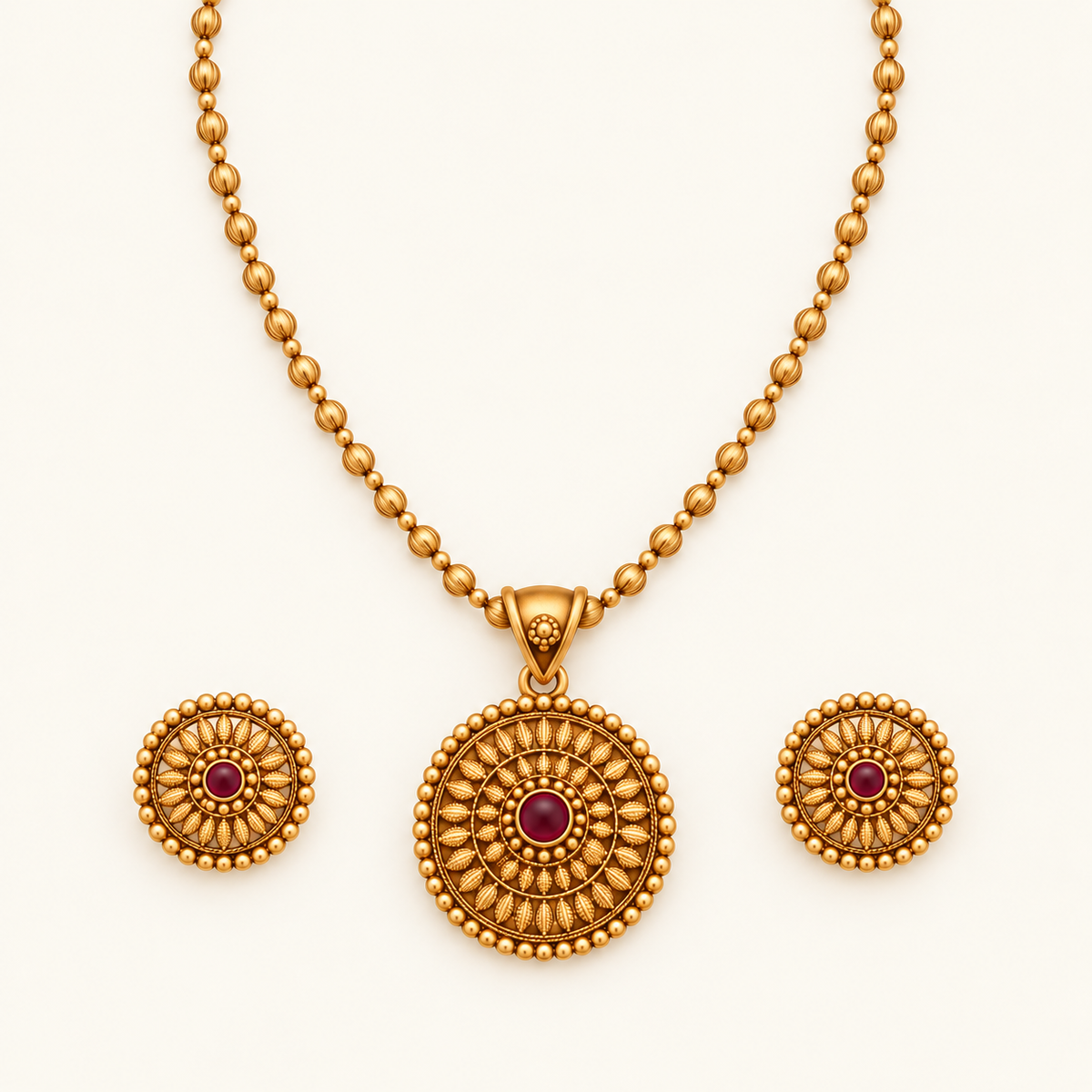 Cute gold finish floral ruby stone pendant set