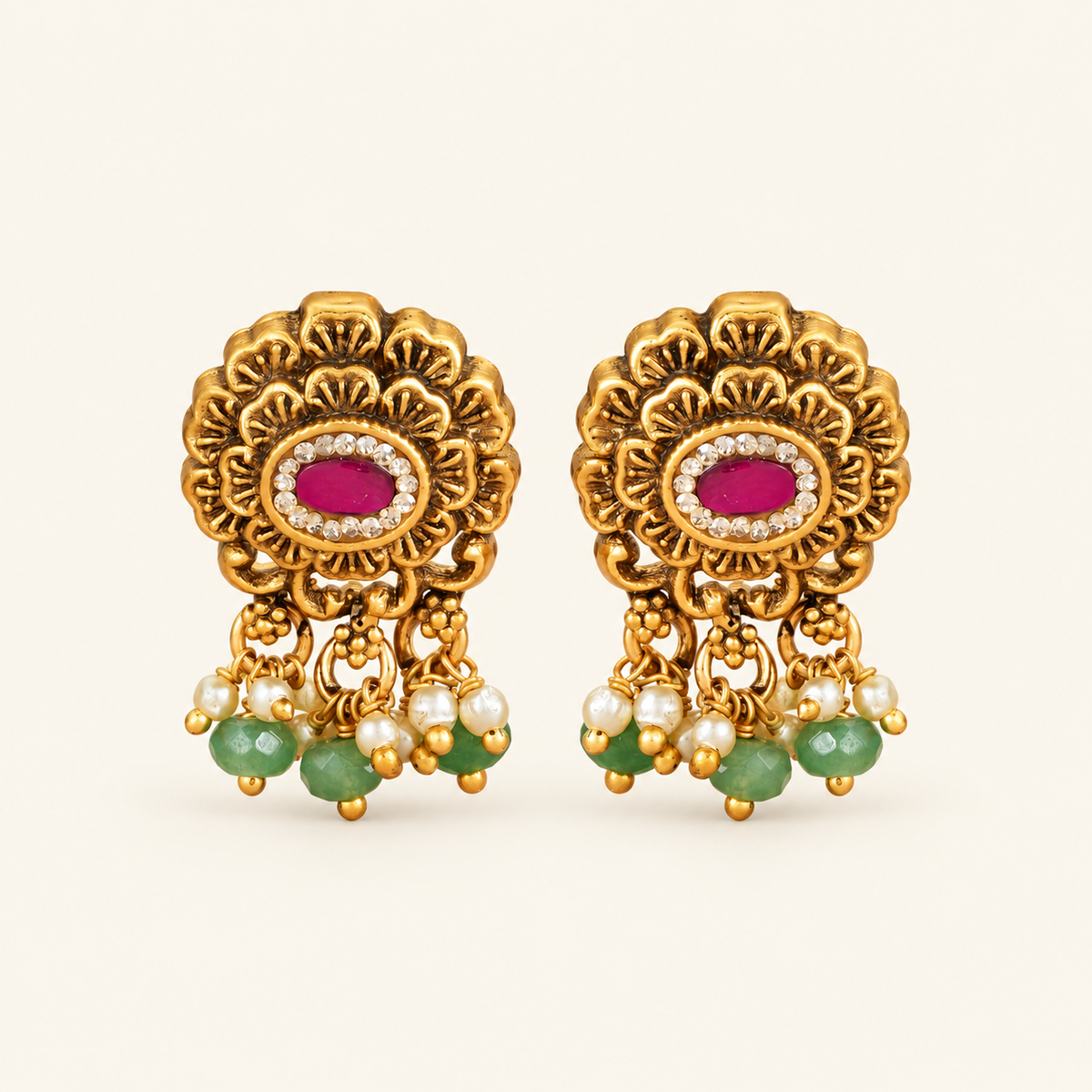 Antique Gold Stone Green Stone Drop Earring