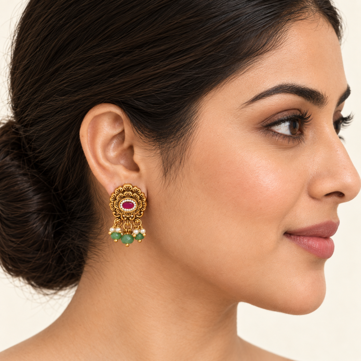 Antique Gold Stone Green Stone Drop Earring