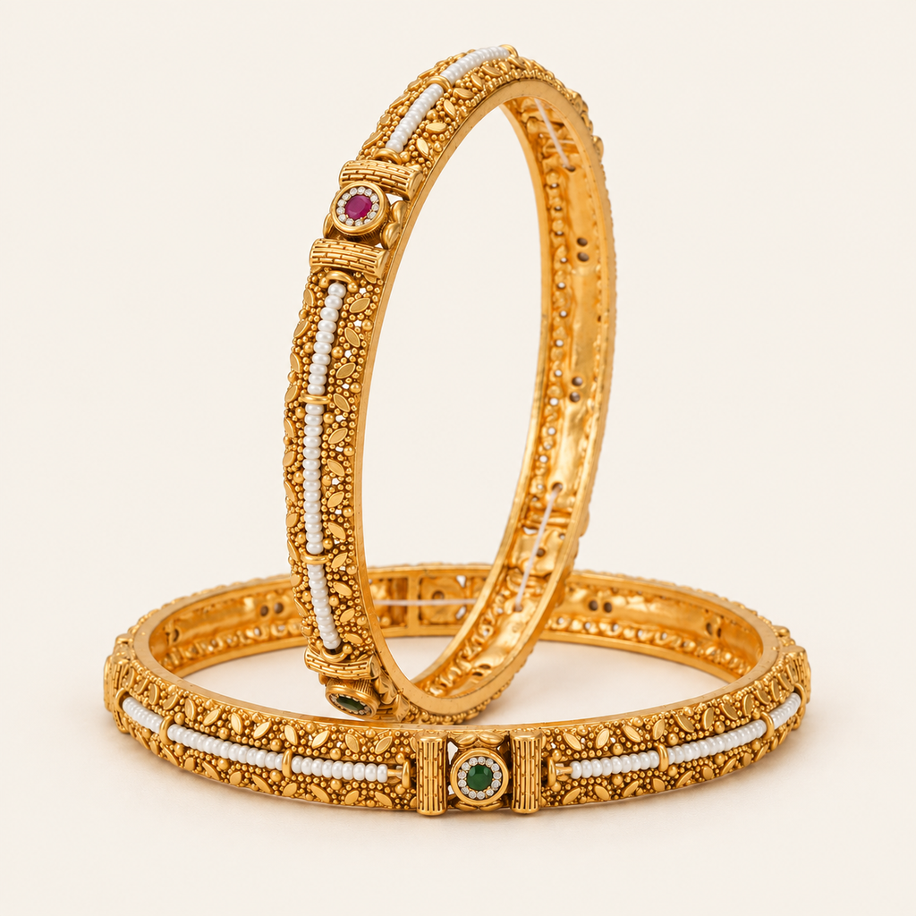Stunning pearl line stone gold bangle set