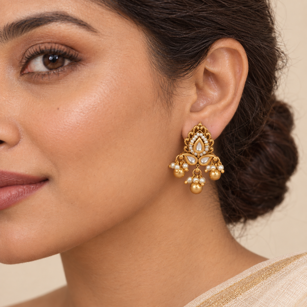 Antique Gold Traditional Kundan Pearl Antique Drop Earring