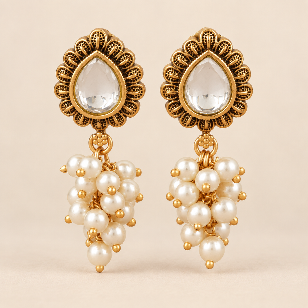 Antique Gold Pearl Drop Kundan Earring