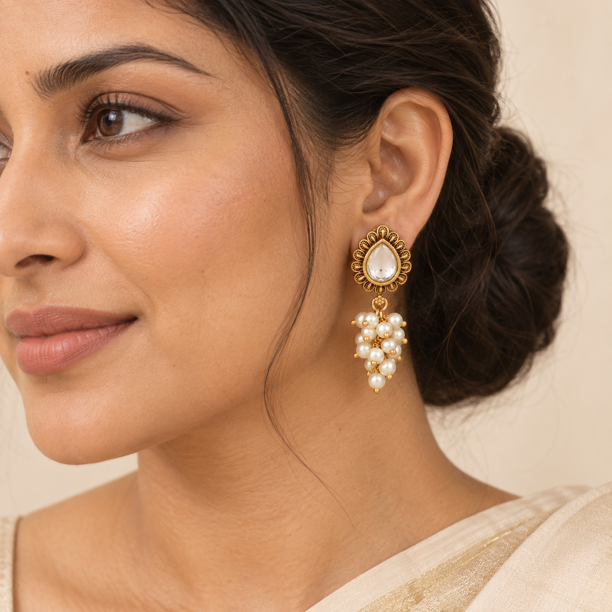 Antique Gold Pearl Drop Kundan Earring