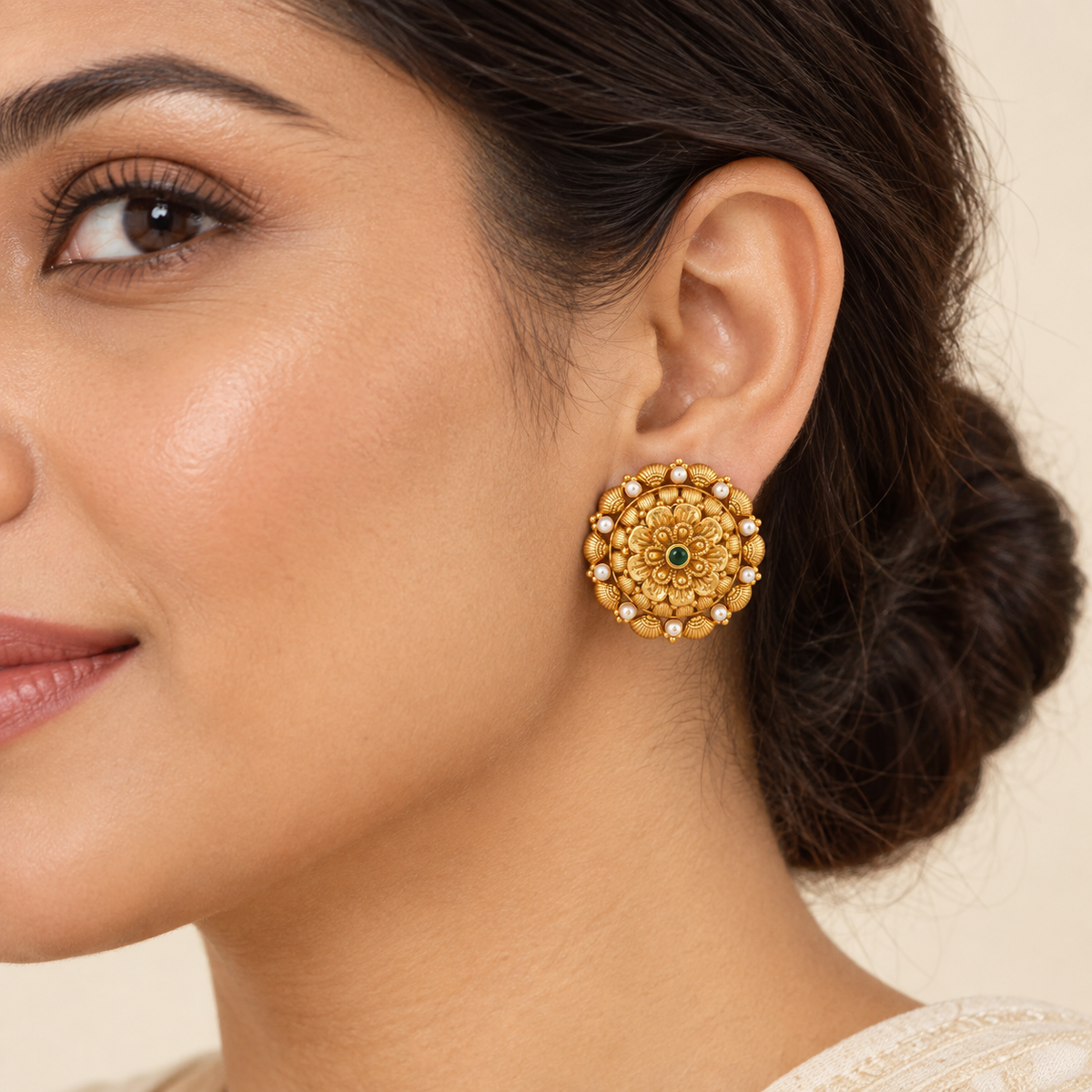 Antique Gold Big Pearl Stud Earring