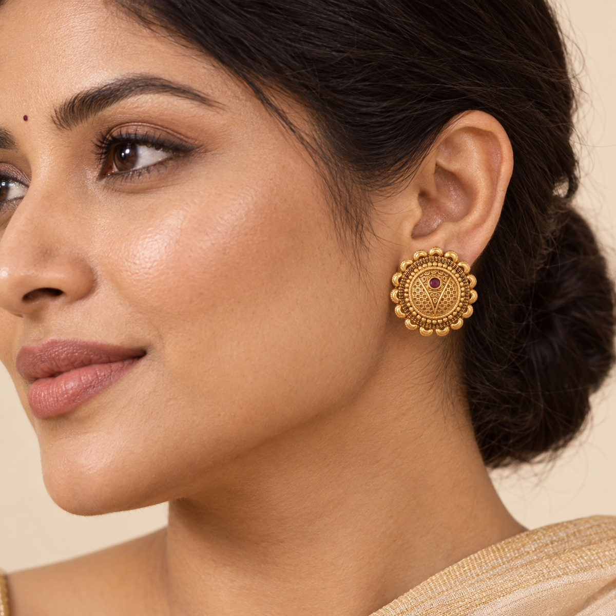 Antique Gold Plain Stud Earring For Women