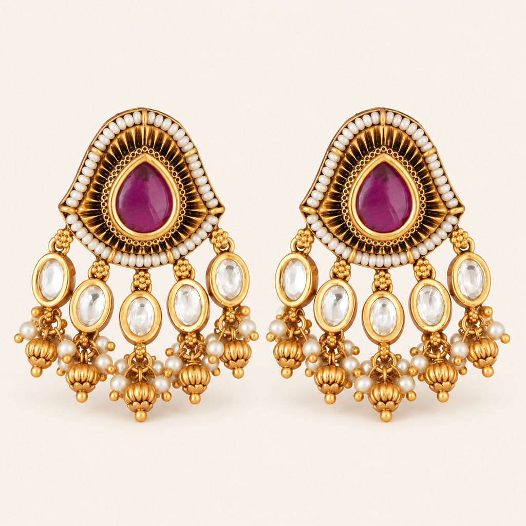Antique Gold Kundan Stone Pearl Drop Earring