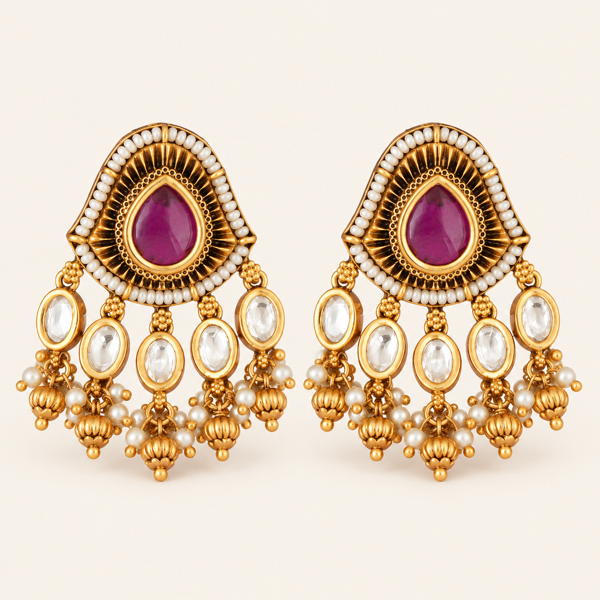 Antique Gold Kundan Stone Pearl Drop Earring