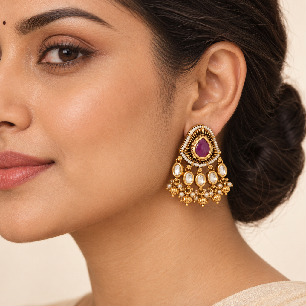Antique Gold Kundan Stone Pearl Drop Earring