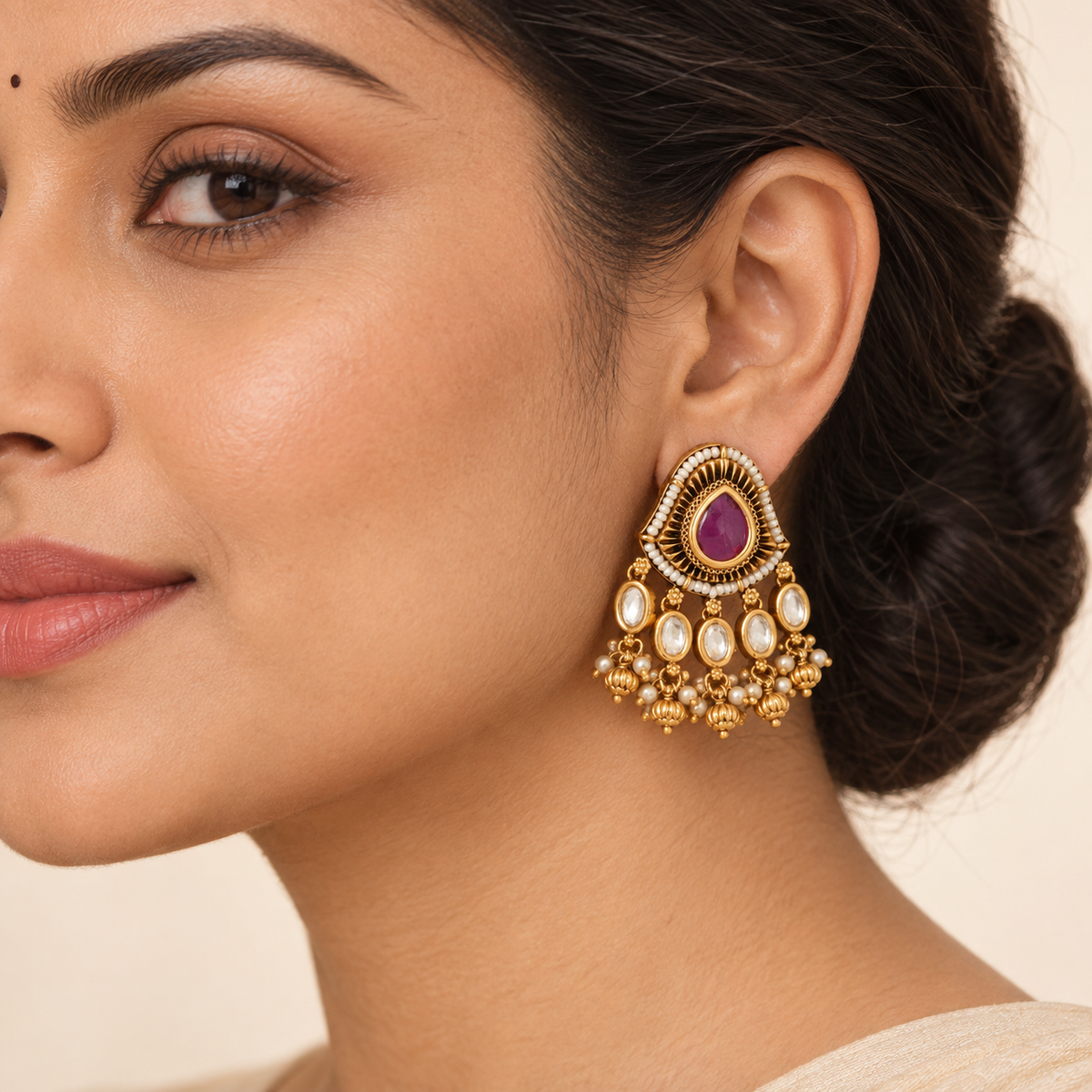 Antique Gold Kundan Stone Pearl Drop Earring
