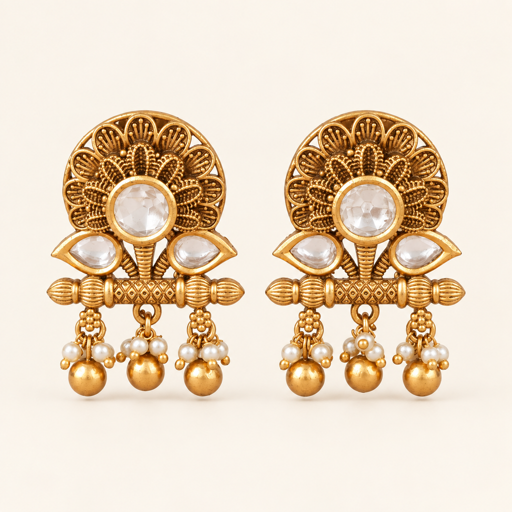 Antique Gold Lotus Kundan Pearl Drop Earring