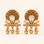 Antique Gold Lotus Kundan Pearl Drop Earring