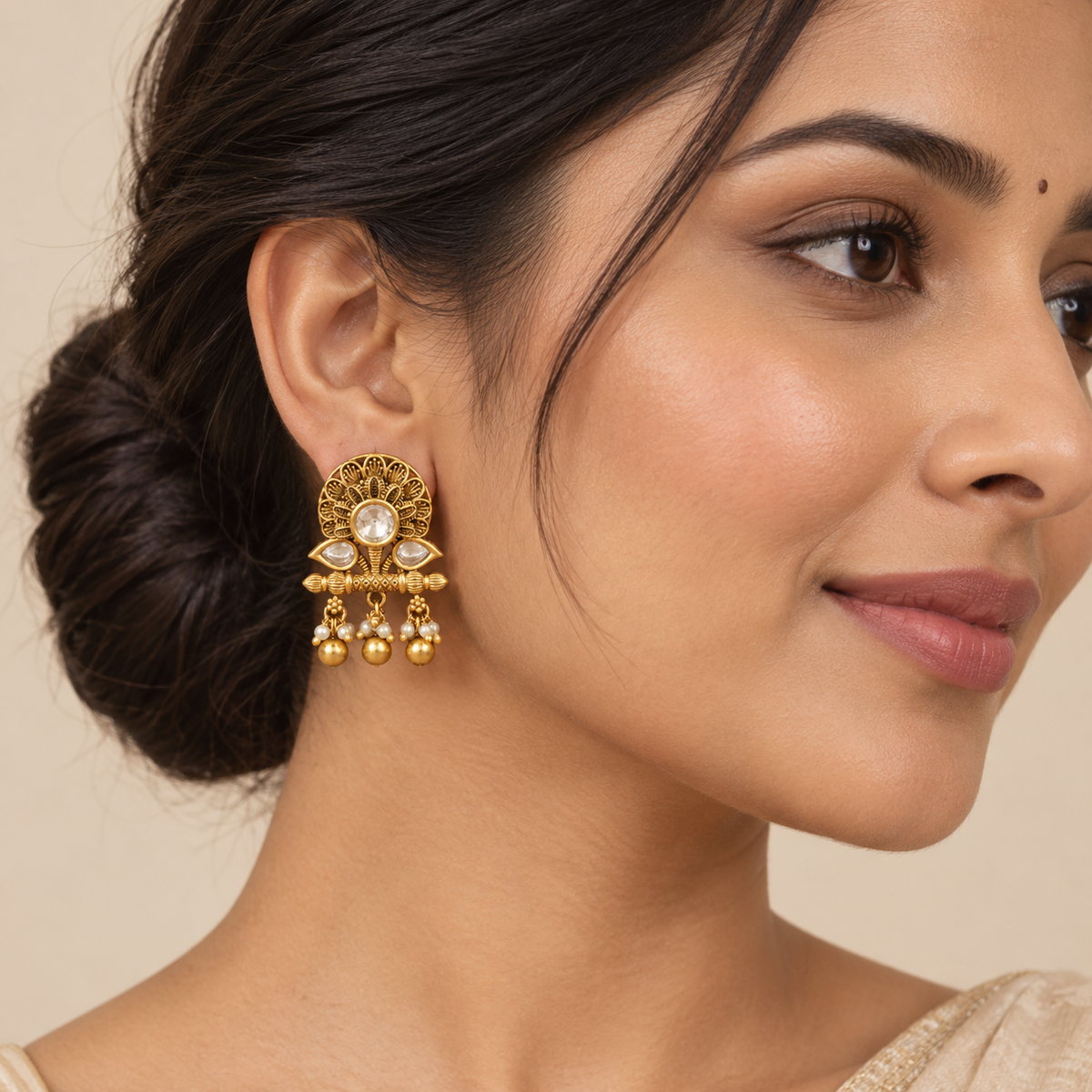 Antique Gold Lotus Kundan Pearl Drop Earring