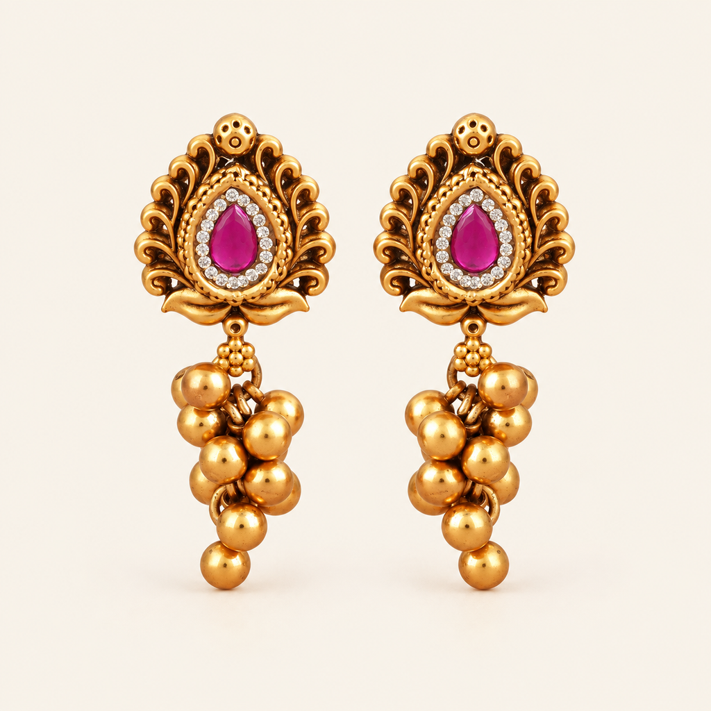 Antique Gold Long Stone Ruby Earring