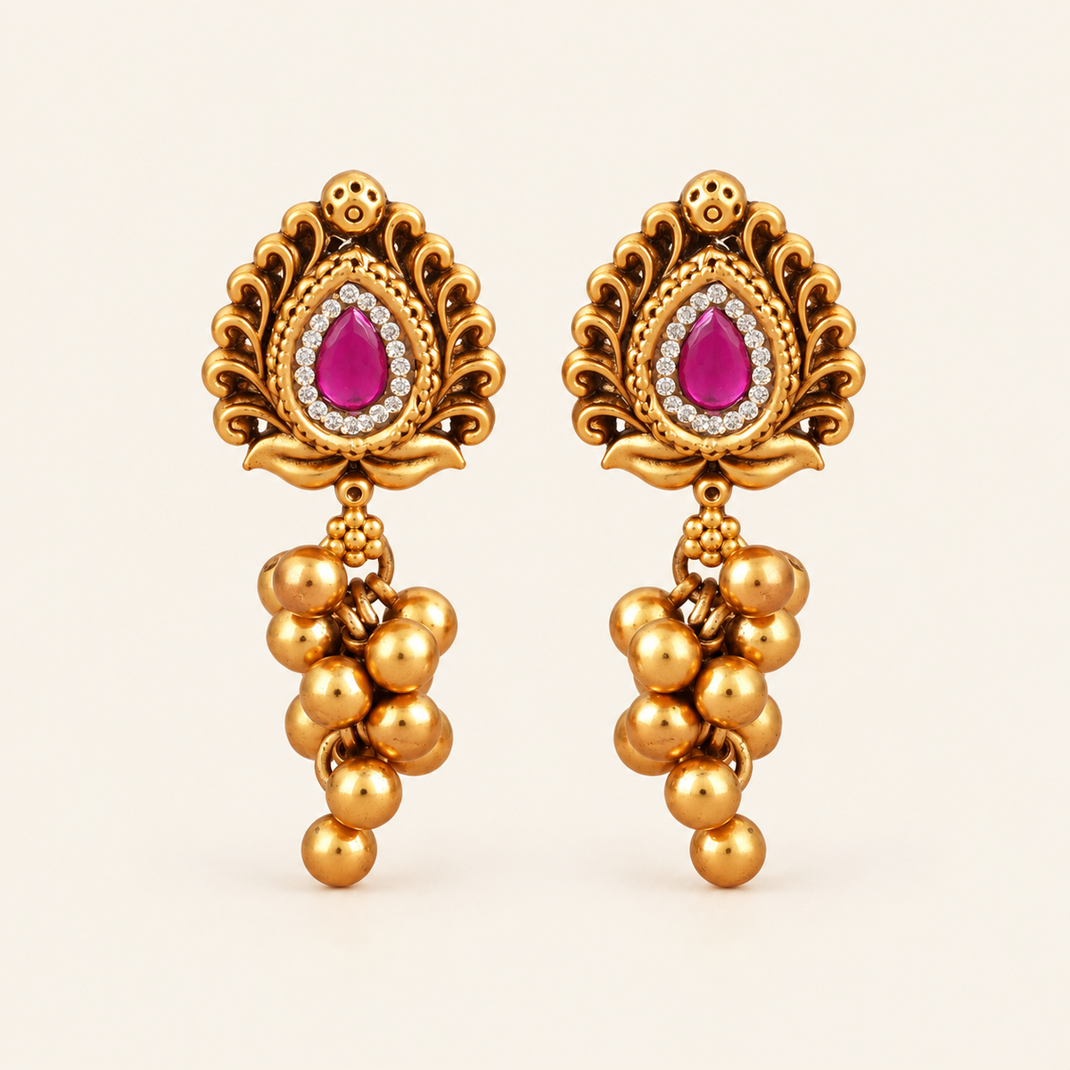Antique Gold Long Stone Ruby Earring