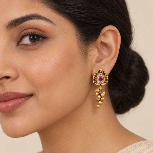 Antique Gold Long Stone Ruby Earring