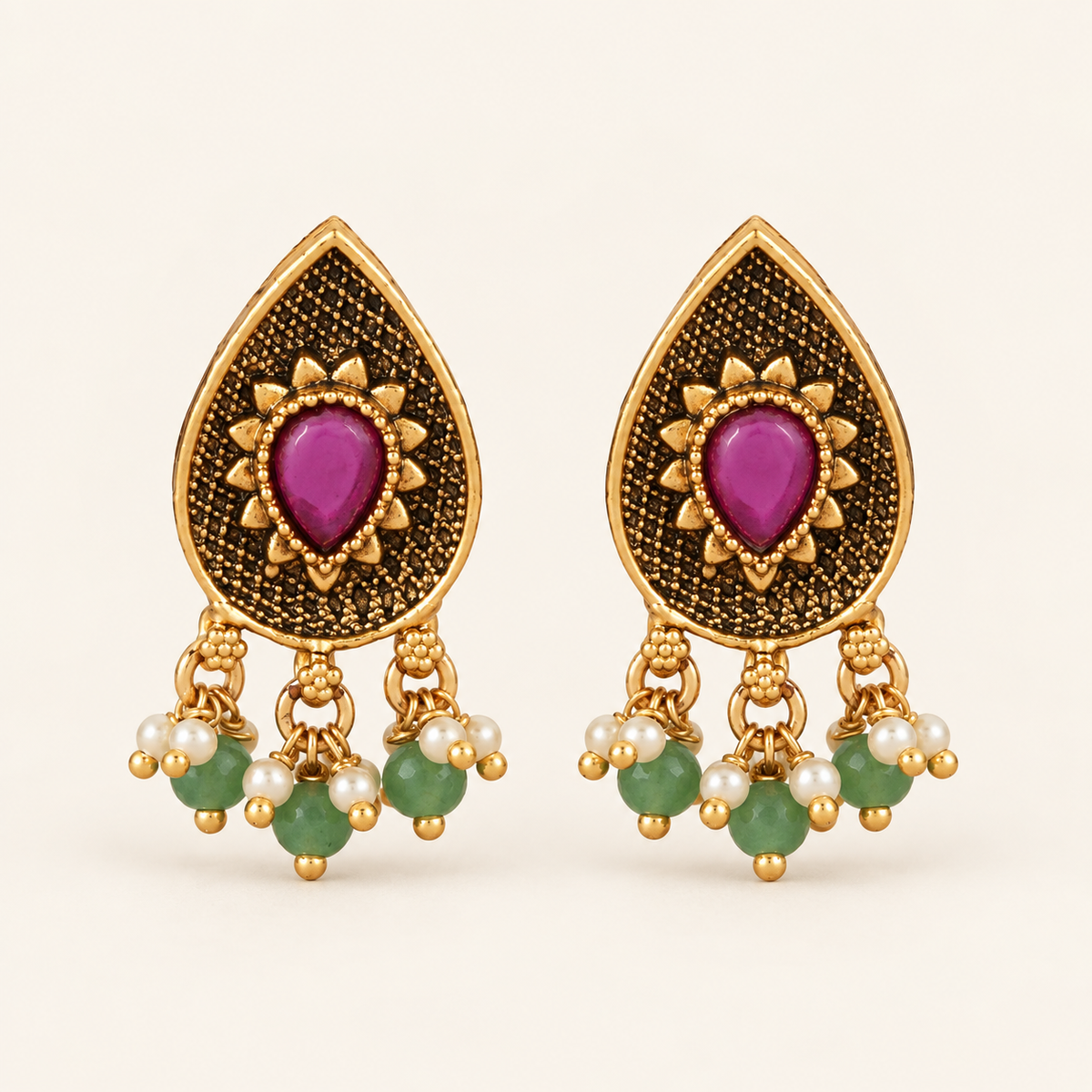 Antique Gold Pear Shape Green Stone Drop Earring