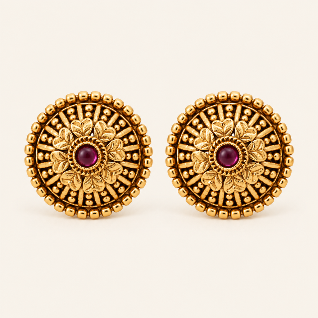 Gold Plated Floral Ruby Stud Earring