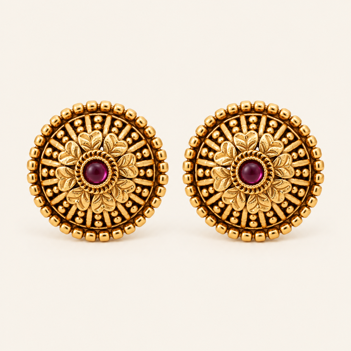 Gold Plated Floral Ruby Stud Earring