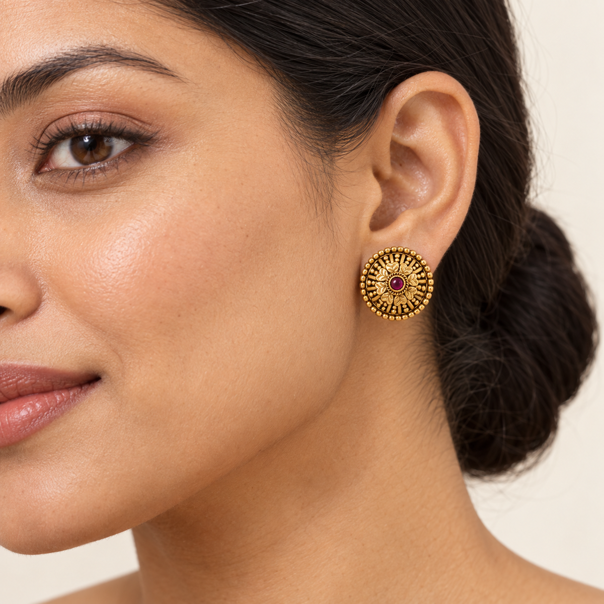 Gold Plated Floral Ruby Stud Earring