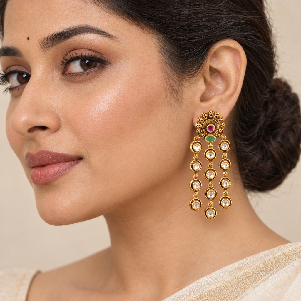 Antique Gold Long Kundan Earring