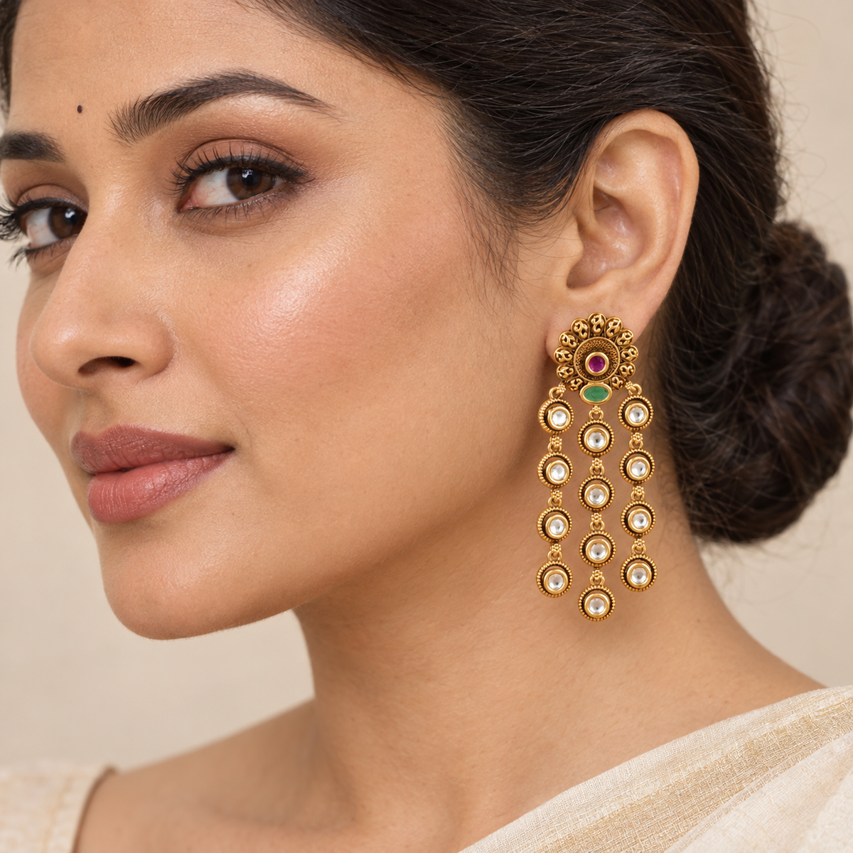Antique Gold Long Kundan Earring