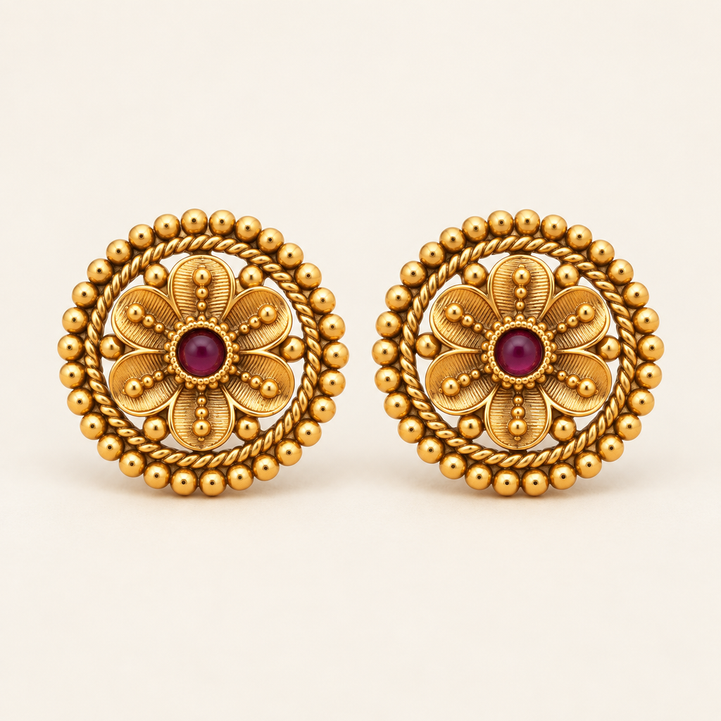 Antique Gold Floral Stone Stud Earring