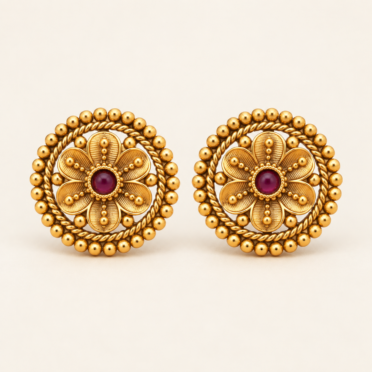 Antique Gold Floral Stone Stud Earring