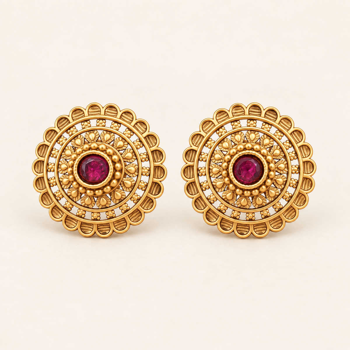 Antique Gold Ruby Stone Floral Stud Earring