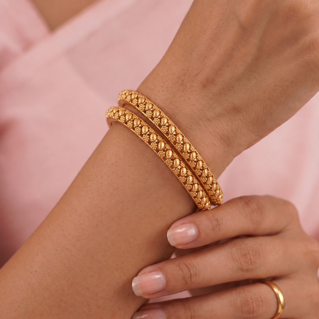 Gold Plated Leaf Plain Bangle Set
