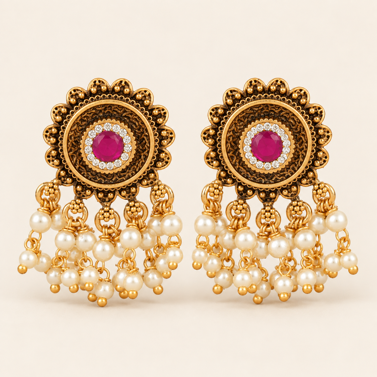 Cute antique gold stone pearl drop earring