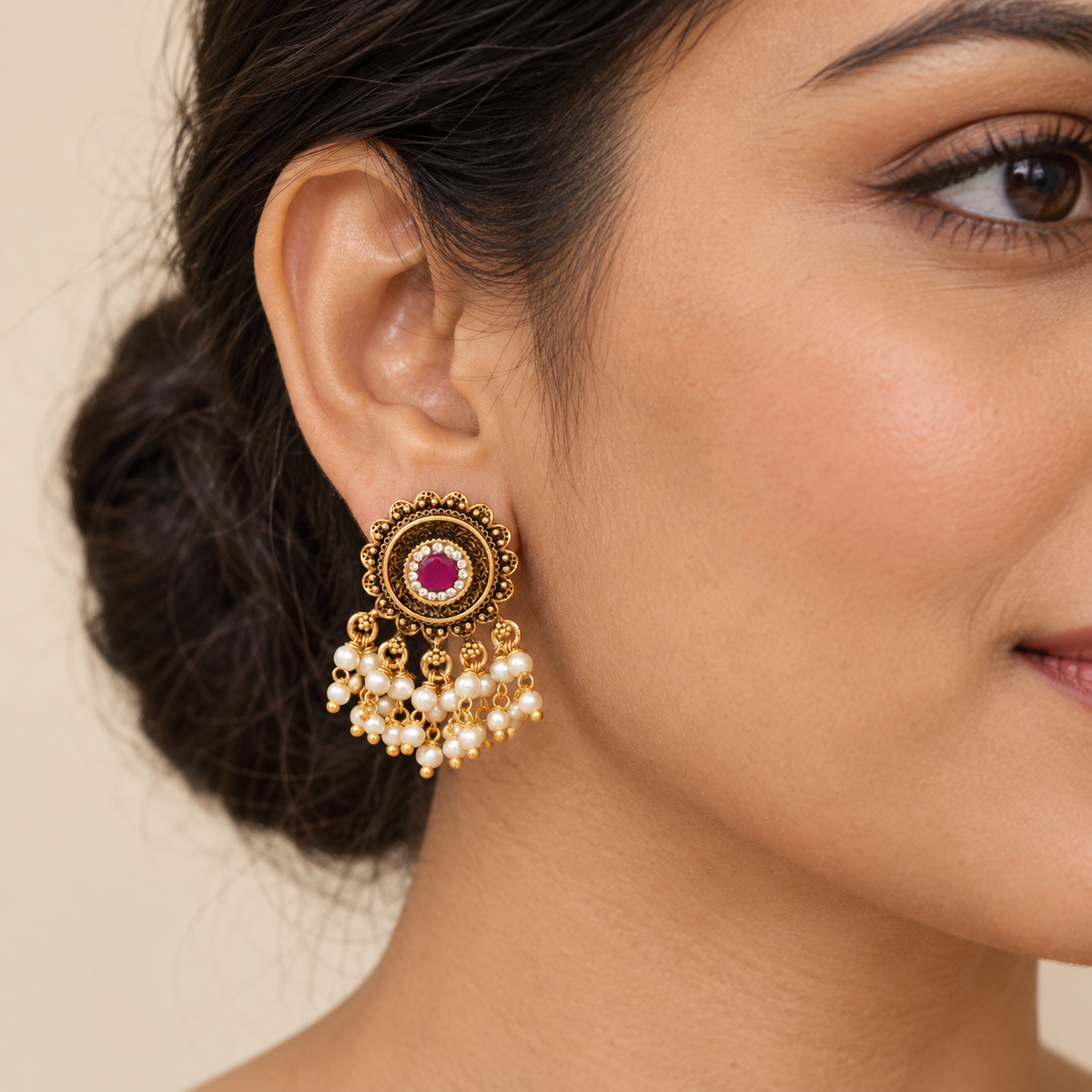 Cute antique gold stone pearl drop earring