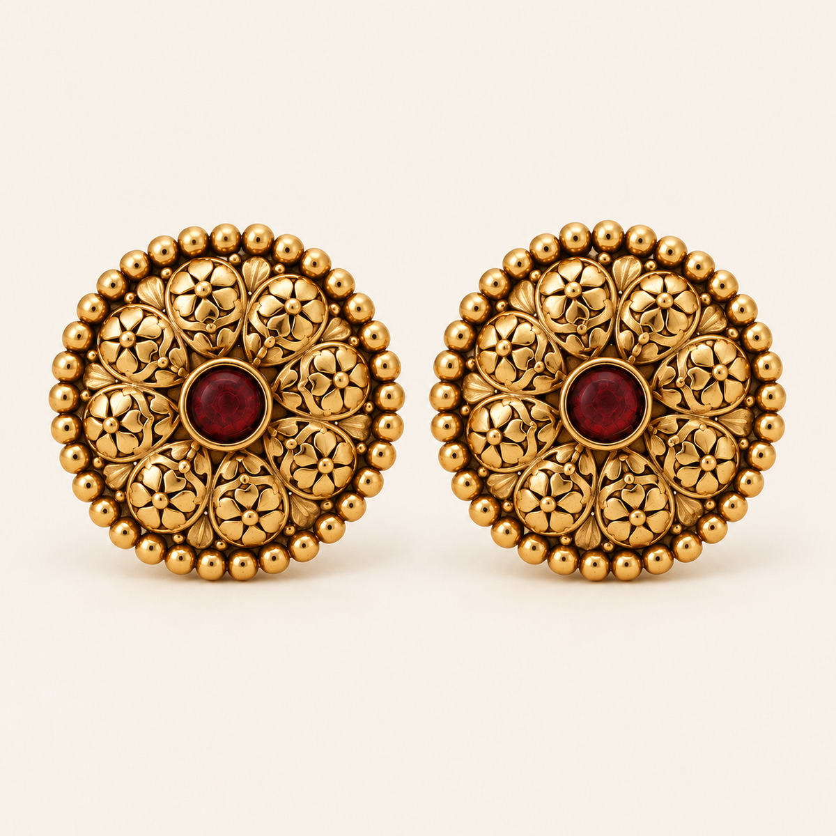 Gold Plated Filigree Ruby Stud Earring