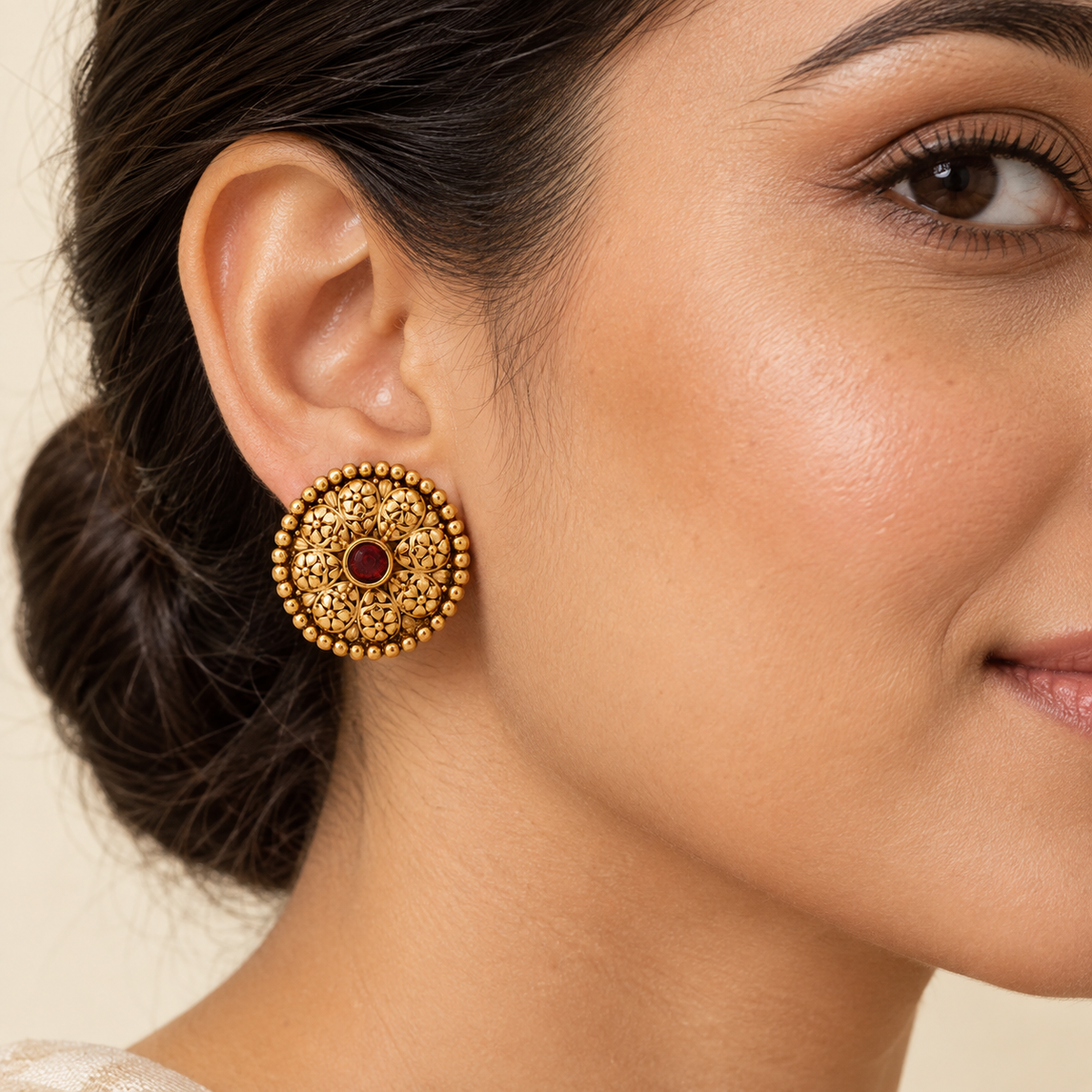 Gold Plated Filigree Ruby Stud Earring