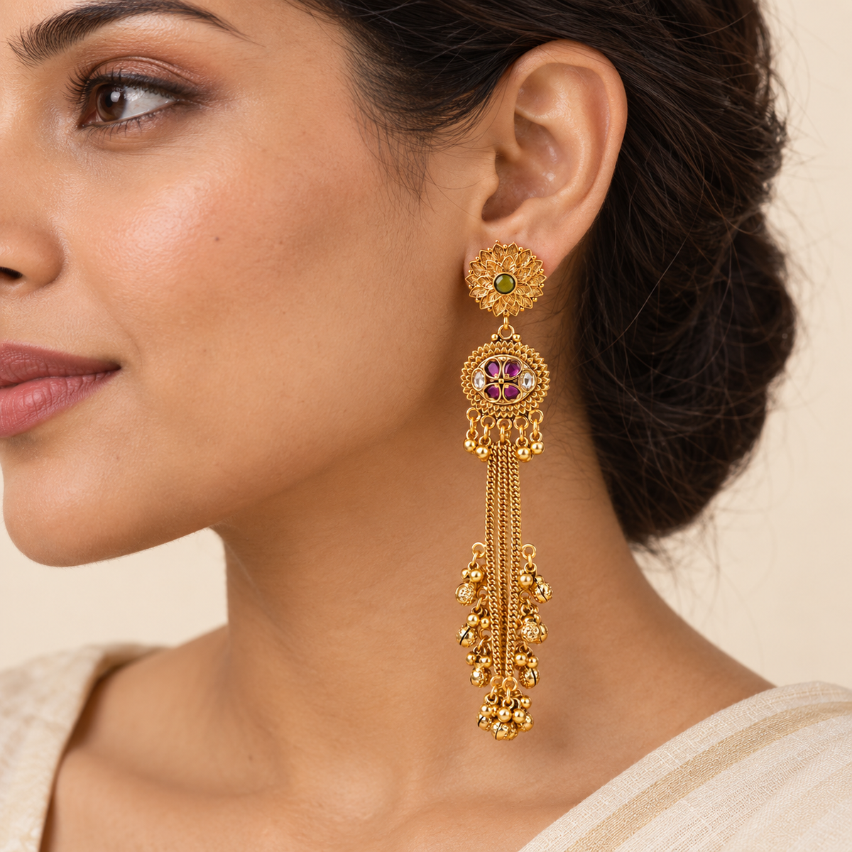 Antique Gold Long Ruby Ghungroo Earring
