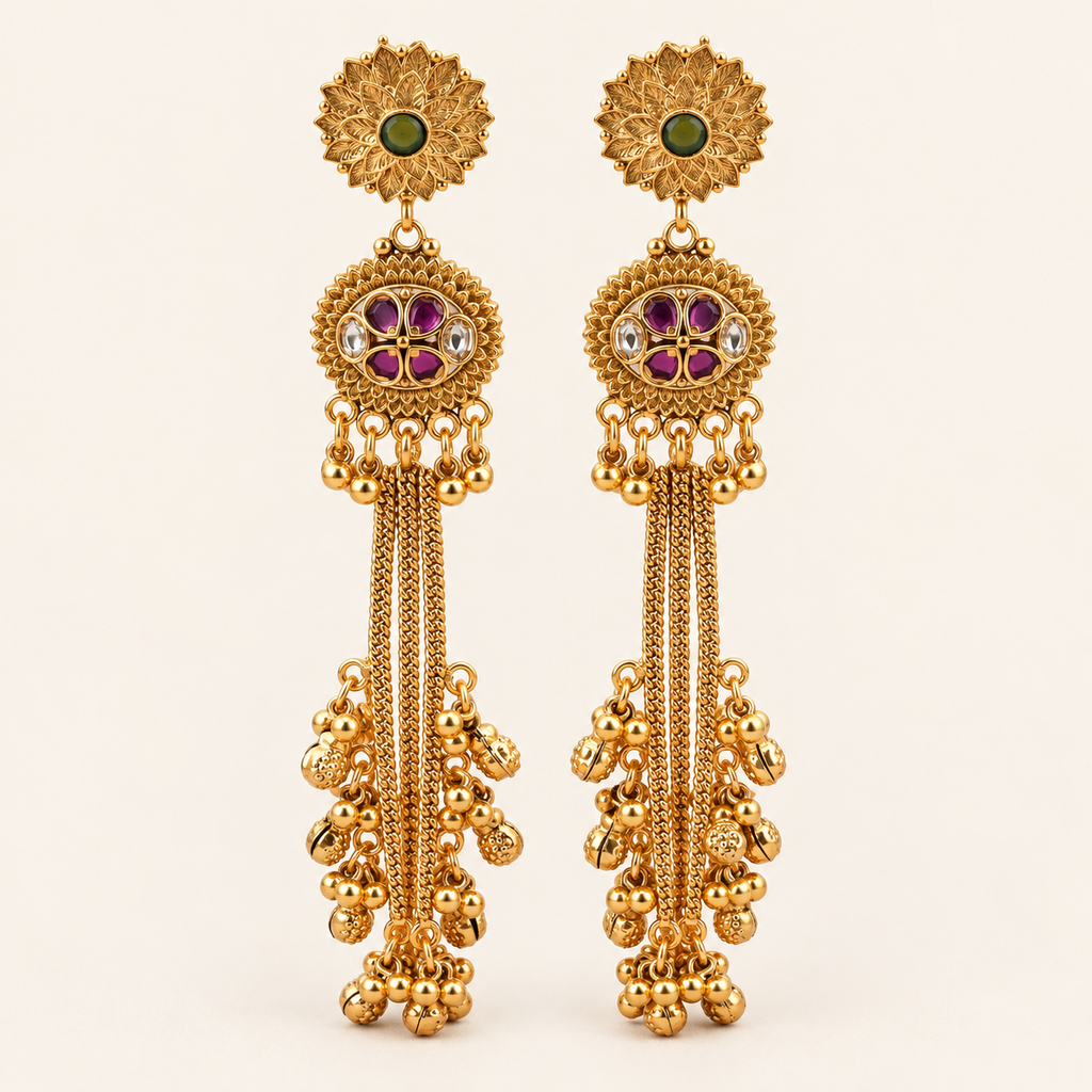 Antique Gold Long Ruby Ghungroo Earring