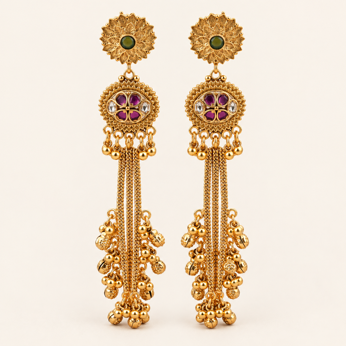 Antique Gold Long Ruby Ghungroo Earring