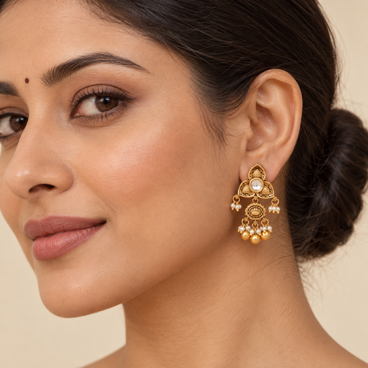Pearl drop antique gold kundan traditional earring