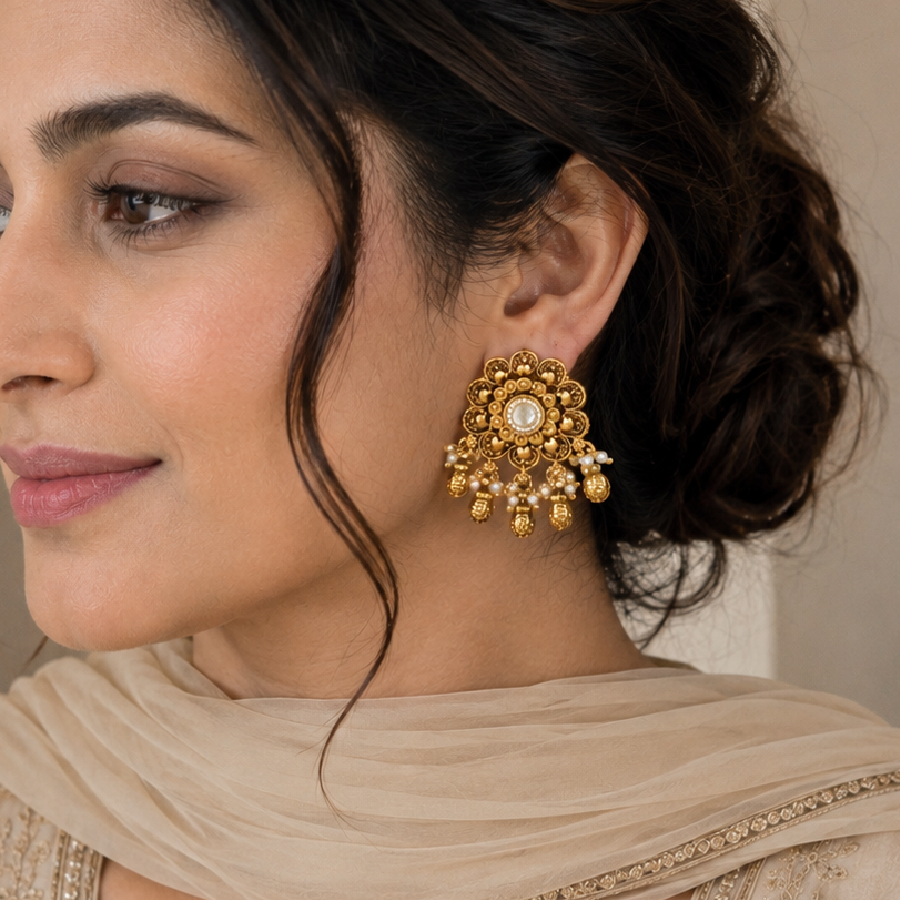 Antique Gold Floral Kundan Ball Drop Earring